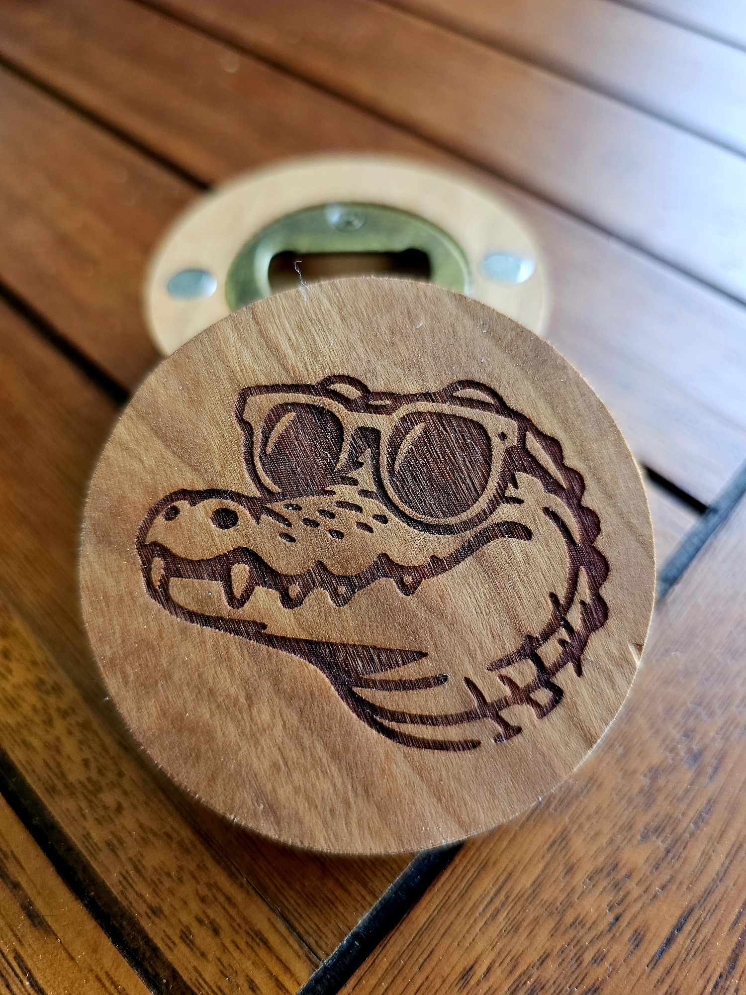Wooden Puck-Style Bottle Opener depicting an Alligator wearing sunglasses.